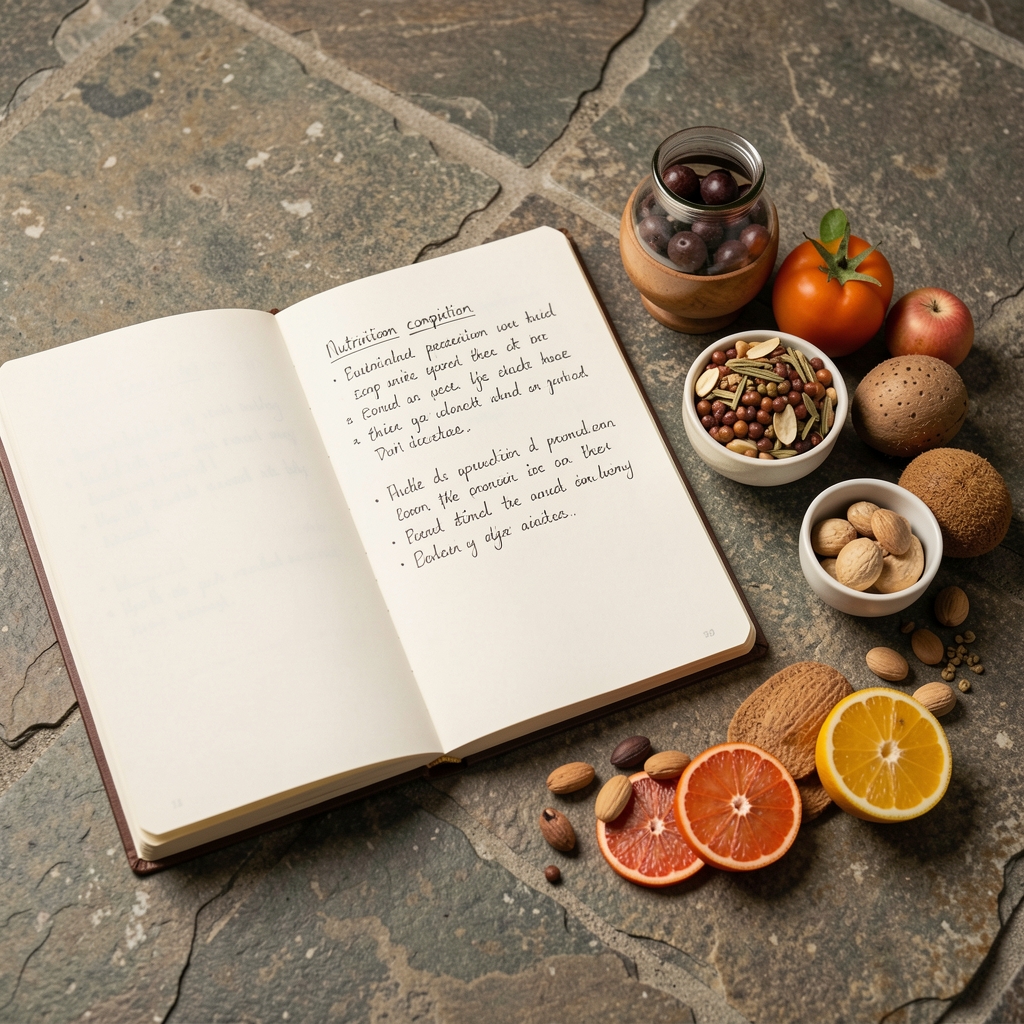 Open notebook with handwritten nutritional composition notes beside a selection of whole-food ingredients on a stone worktop under studio lighting