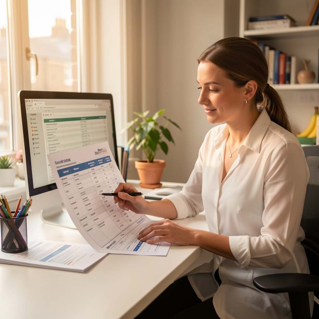Qualified nutrition professional reviewing ingredient composition charts at a clean work desk under warm studio lighting in a London office