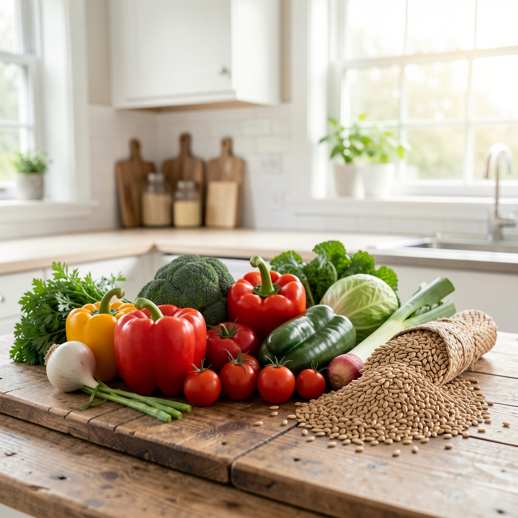 Vibrant seasonal vegetables and whole grains arranged on a reclaimed wooden surface in a clean, naturally lit kitchen