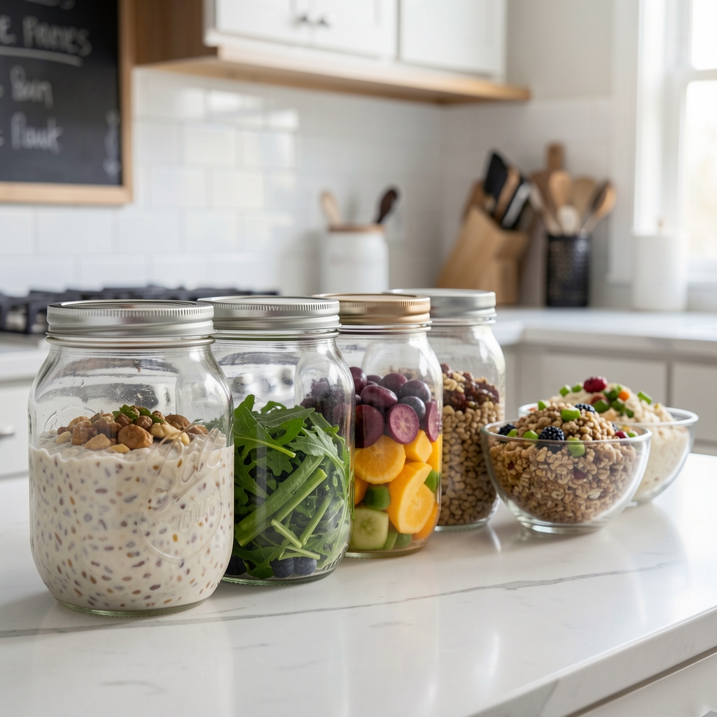Glass jars containing overnight oats, fermented vegetables, and grain bowls prepared in advance and lined up on a kitchen counter