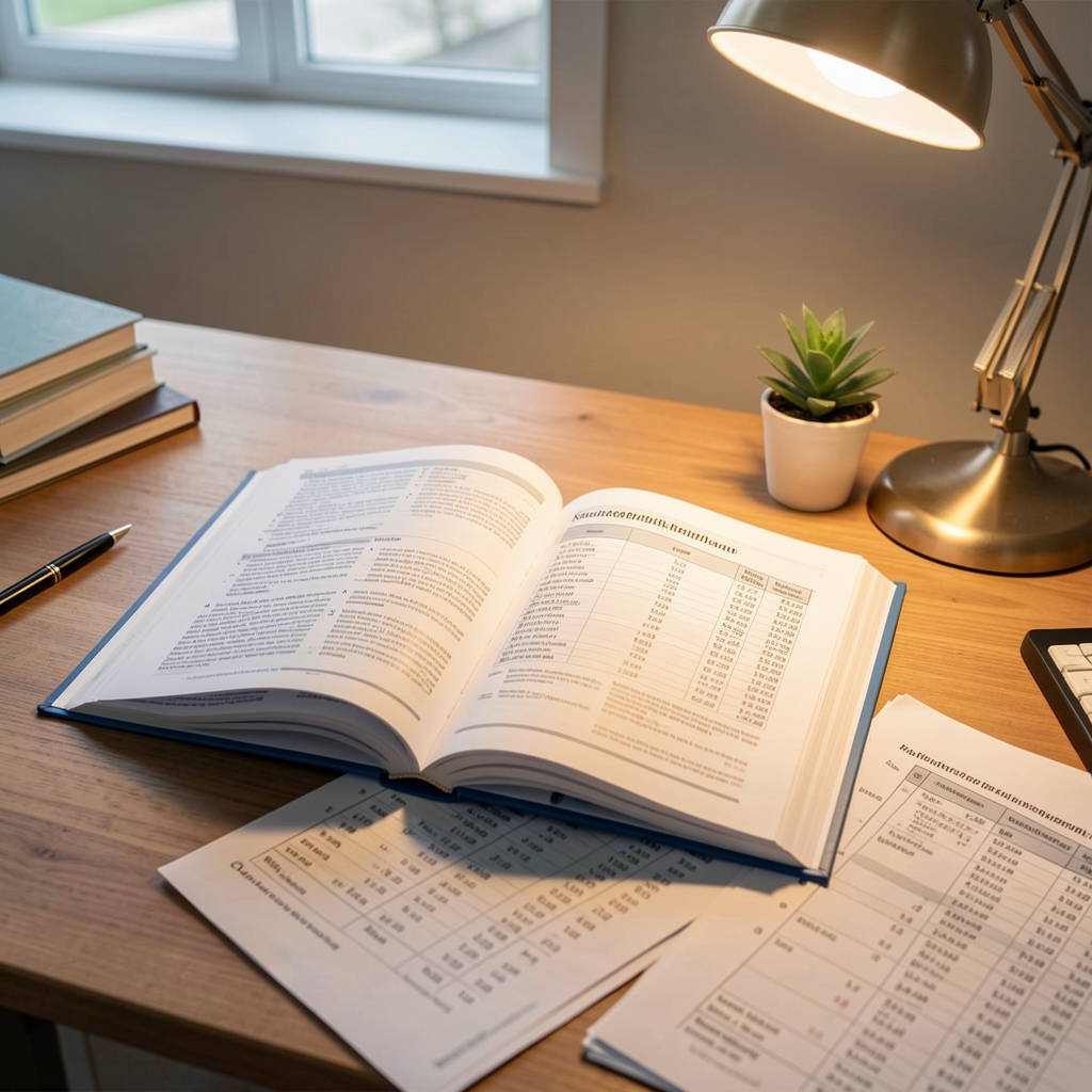 Close-up of open nutritional research journals and printed data tables spread across a wooden desk with a reading lamp providing warm focused light in a clean workspace
