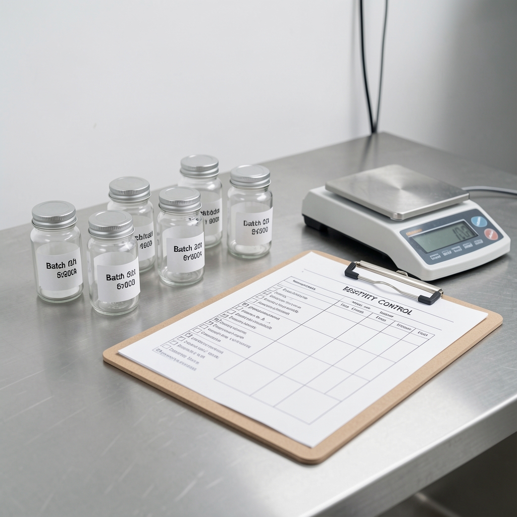 Quality control bench with glass sample jars labelled with batch codes, a clipboard with inspection checklist, and a measuring scale on a clean stainless surface under bright studio lighting