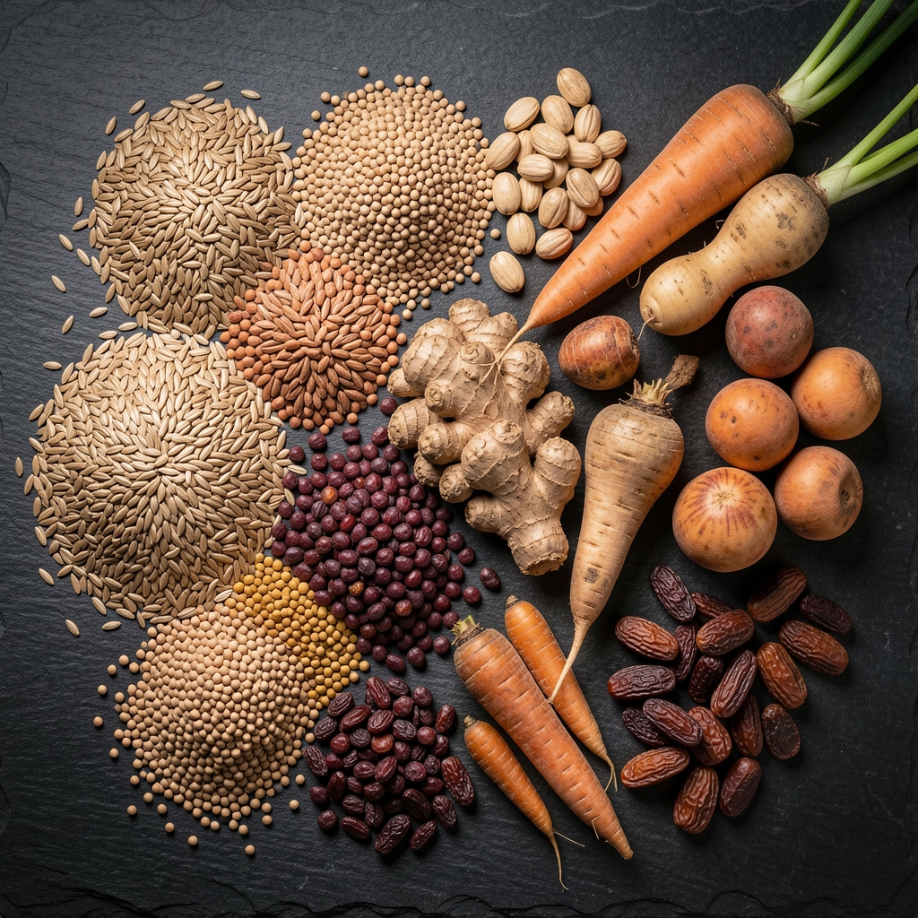 Large flat-lay arrangement of whole grains, pulses, seasonal root vegetables, and dried legumes spread across a dark stone surface under controlled studio lighting
