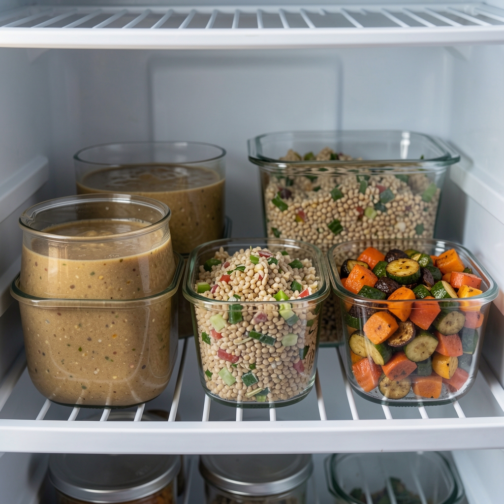 Glass containers filled with pre-portioned lentil soup, grain salad, and roasted vegetable mix arranged on a refrigerator shelf for weekly meal preparation