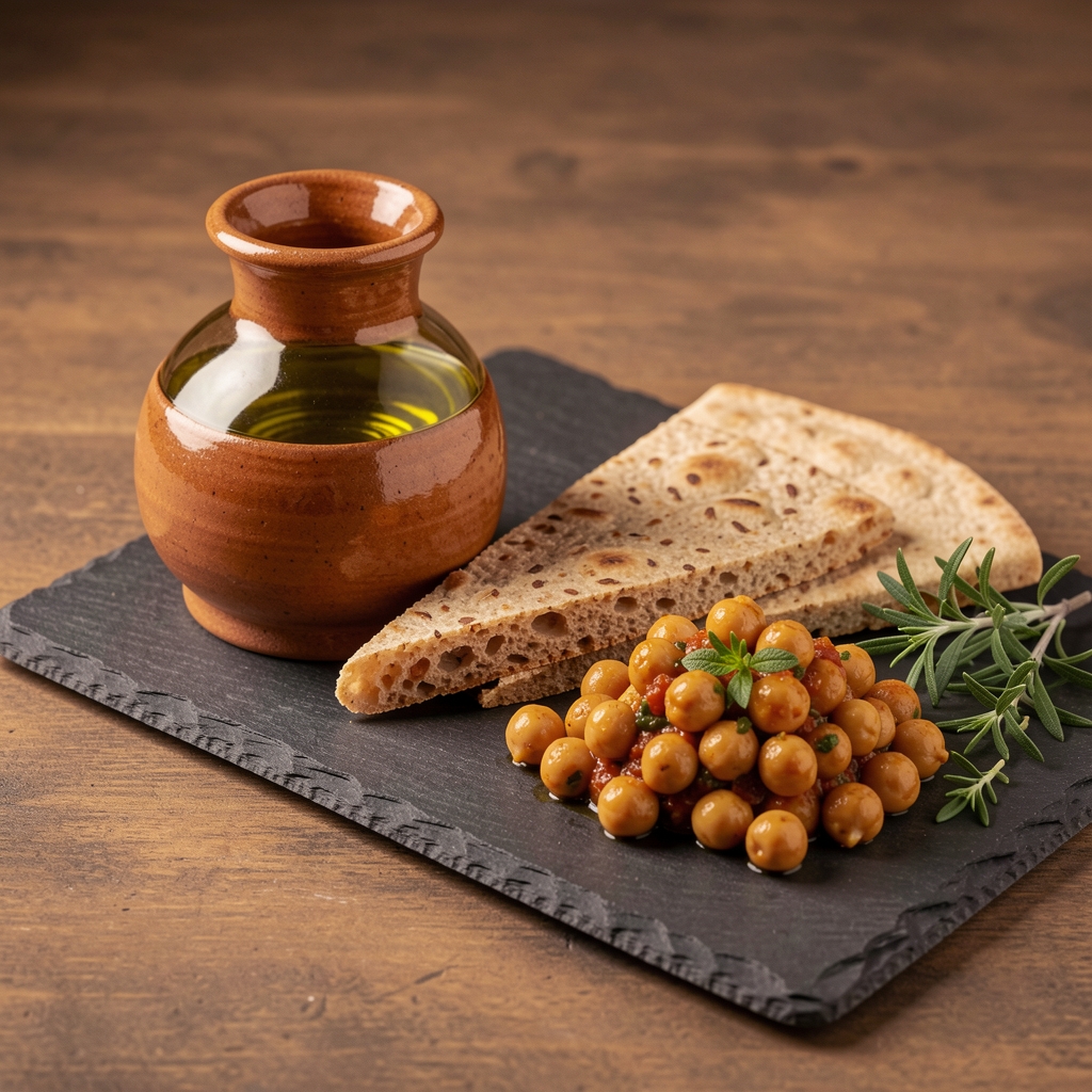 Mediterranean-style meal arrangement showing olive oil in a ceramic vessel, whole-grain flatbread, marinated chickpeas, and fresh herbs on a dark slate board under warm studio lighting