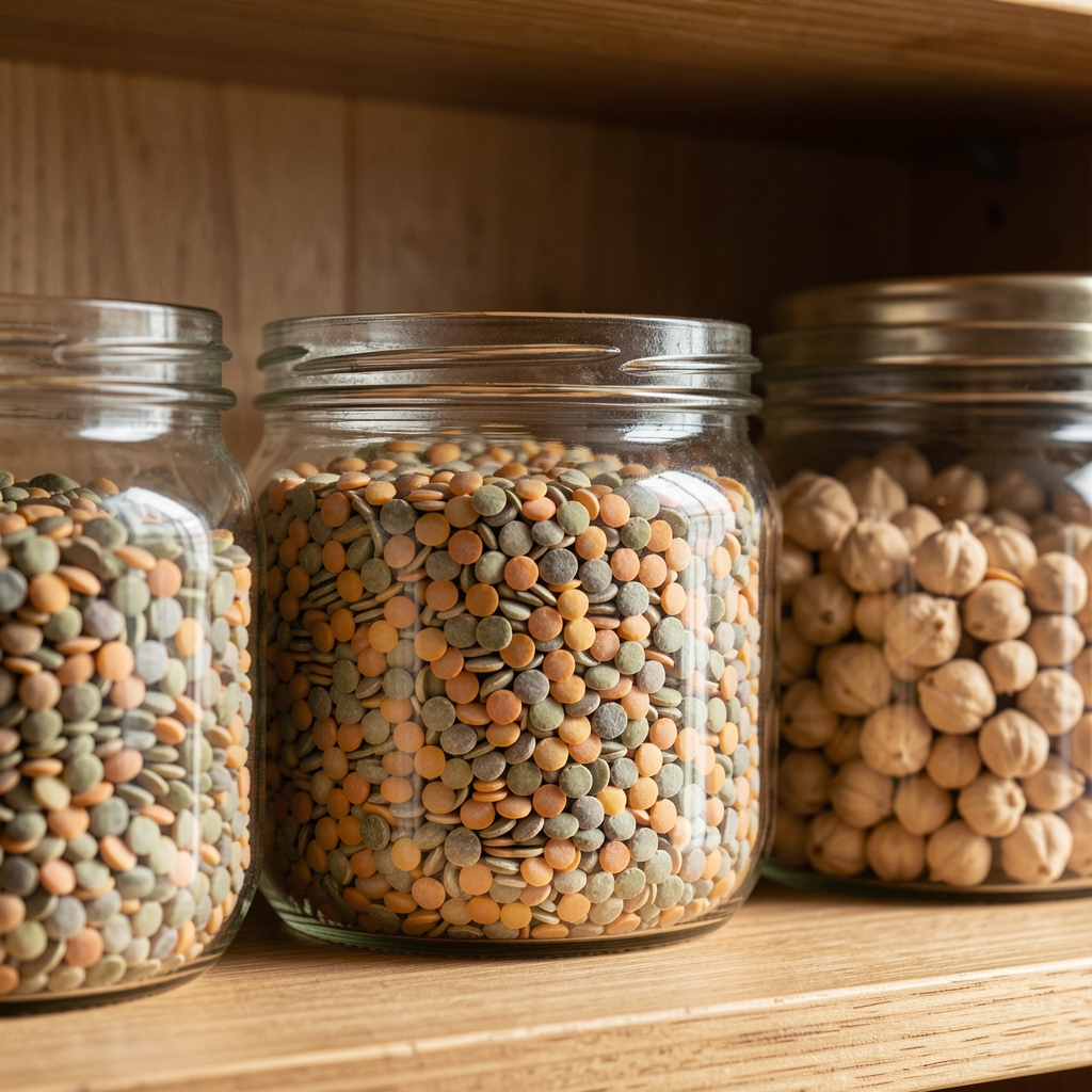 Close-up of dried lentils, split peas, and chickpeas in open glass jars on a wooden pantry shelf, natural side lighting highlighting texture and colour variation