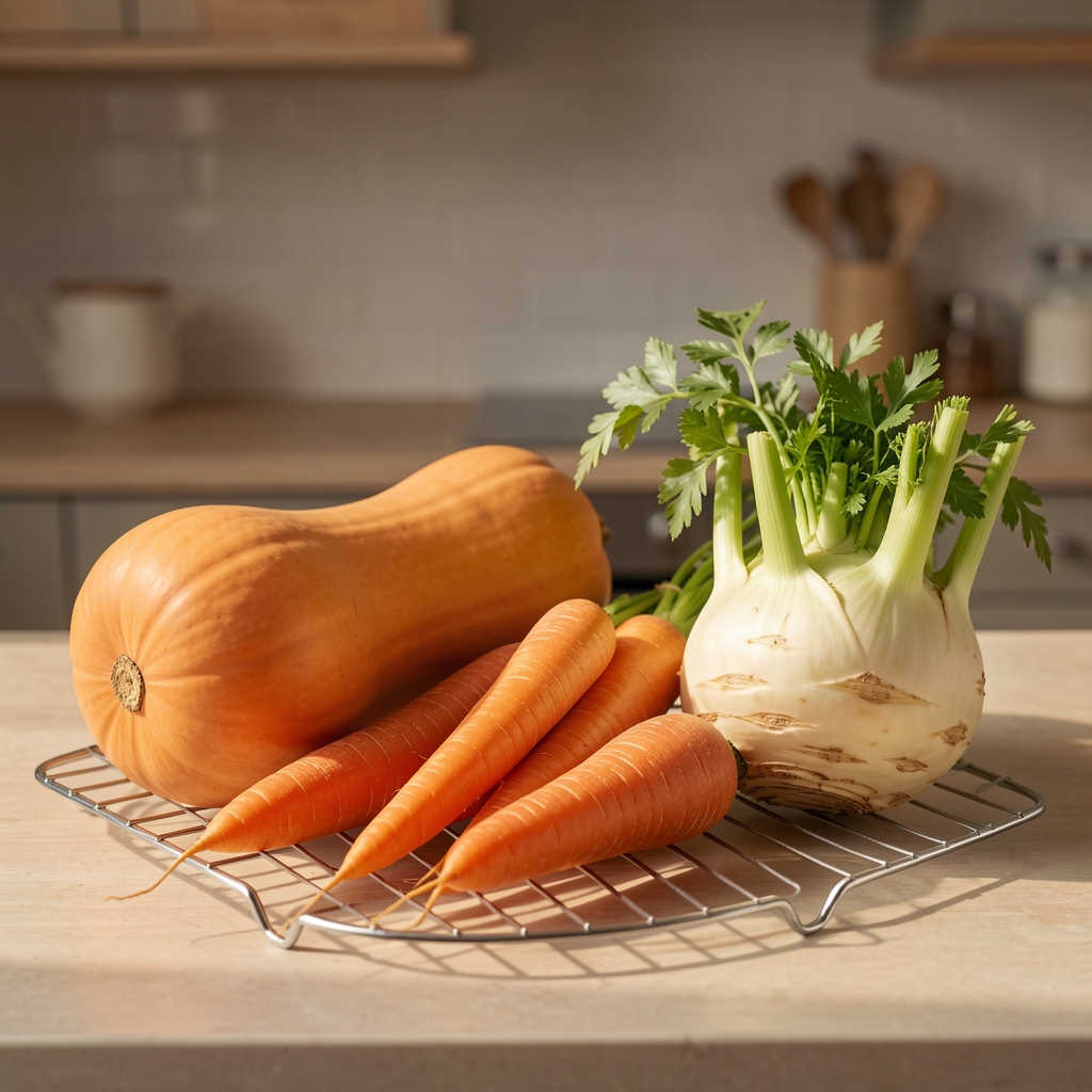 Seasonal autumn vegetables including butternut squash, carrots, and celeriac arranged on a wire rack in a home kitchen, neutral background with warm directional light