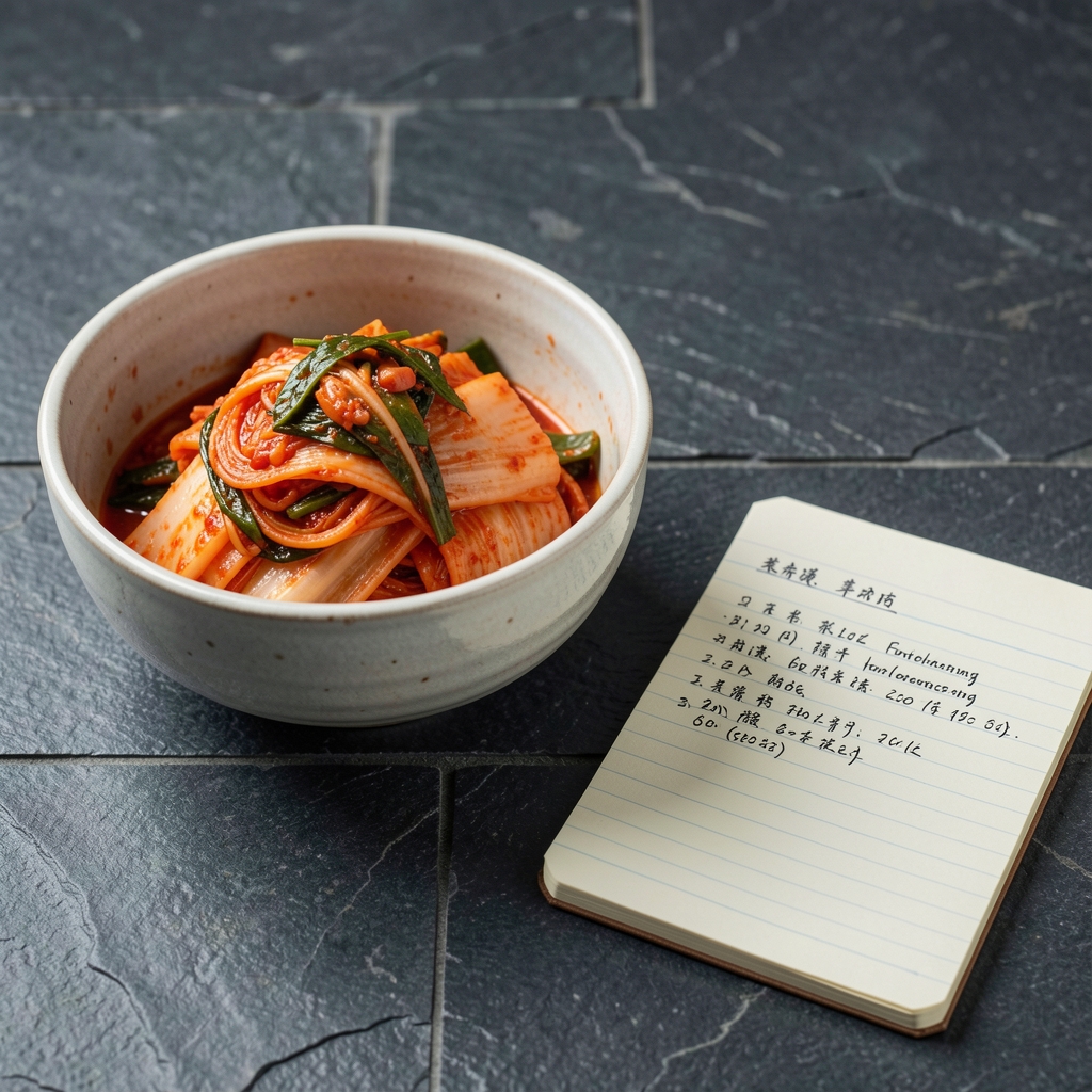 Ceramic bowl of fermented kimchi placed on a dark stone tile next to a small notebook showing fermentation batch notes in handwritten form