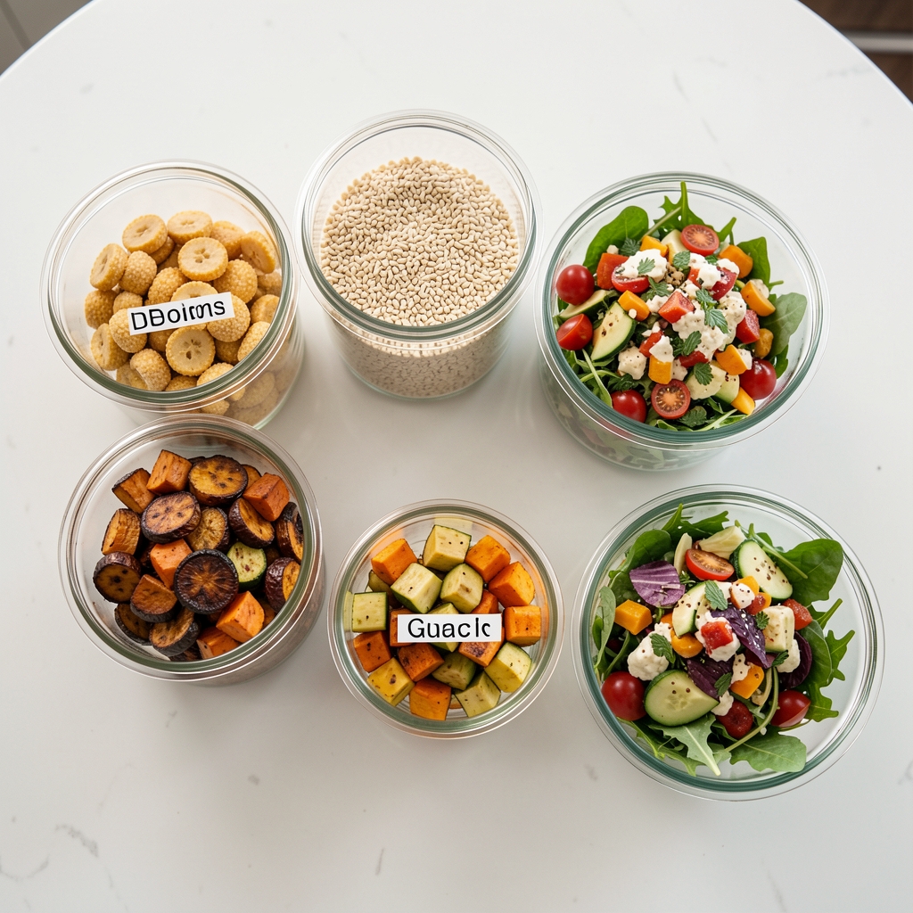 Flat-lay of a completed batch preparation session showing labelled glass containers of pre-cooked grains, roasted vegetables, and dressed salad components on a white kitchen counter