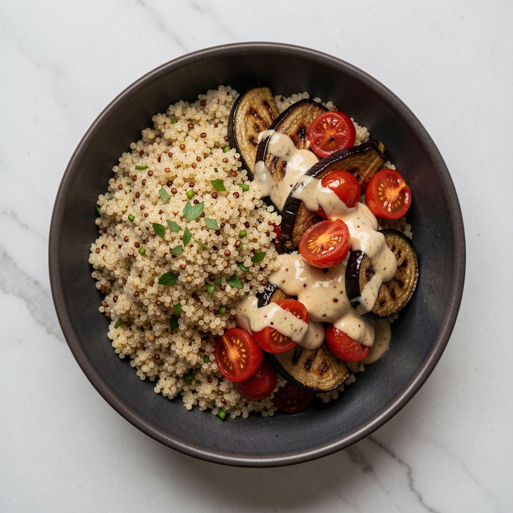 Overhead view of a Mediterranean-style grain bowl with quinoa, roasted aubergine, cherry tomatoes, and tahini dressing presented on a dark ceramic plate